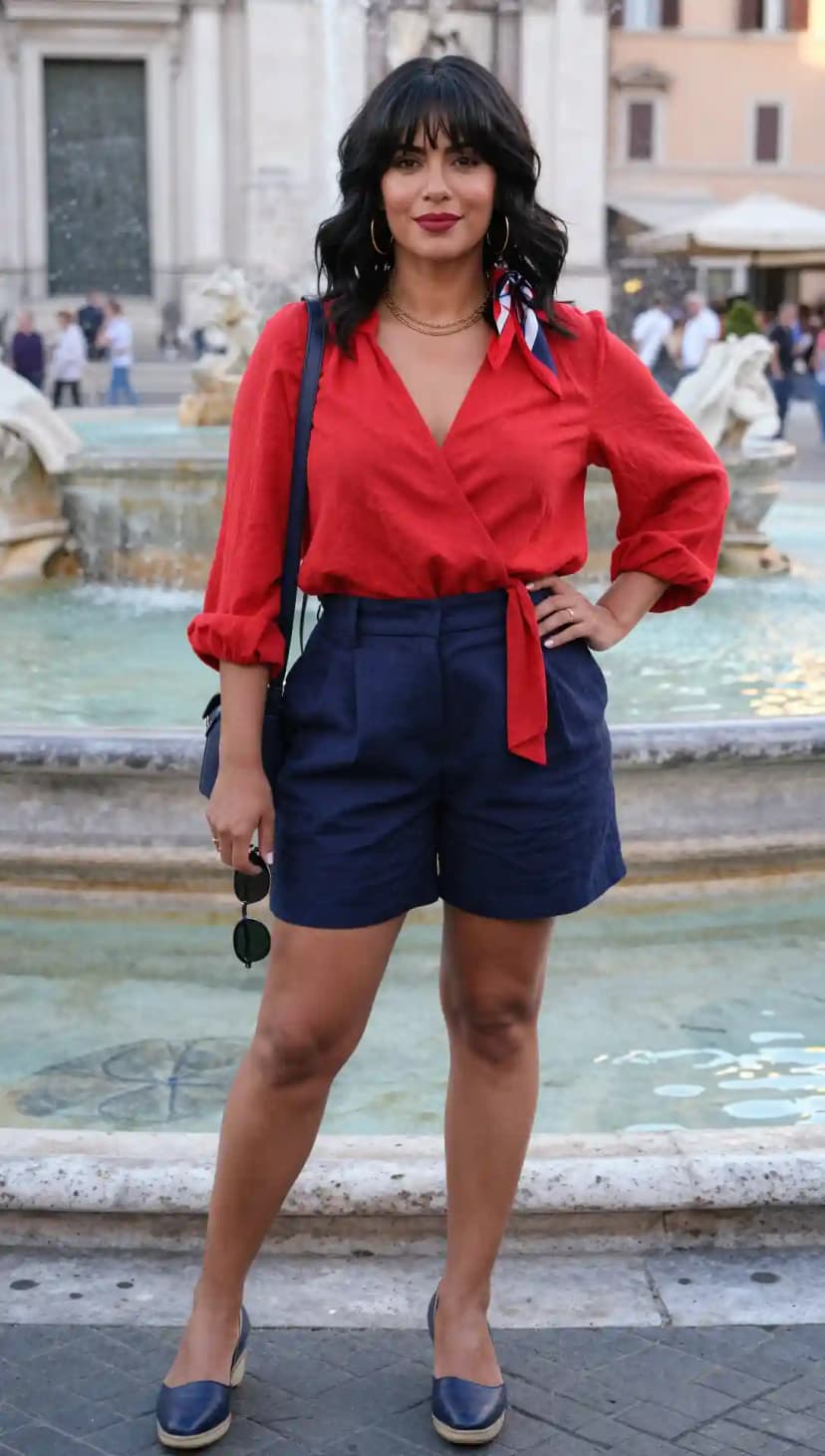 Red Linen Wrap Top + Navy High-Waisted Shorts + Espadrille Wedges