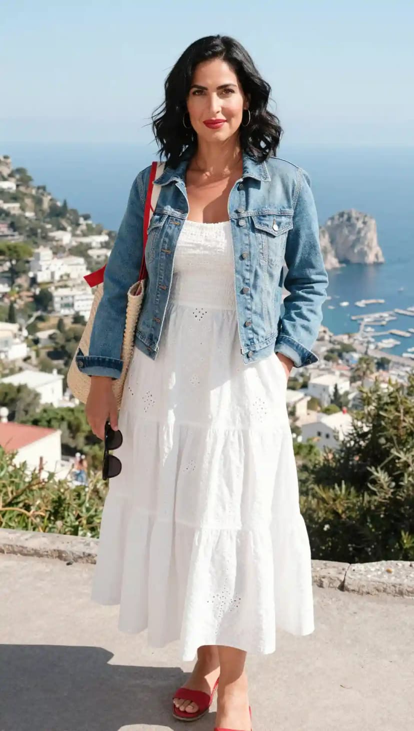 White Eyelet Maxi Dress + Denim Jacket + Red Sandals