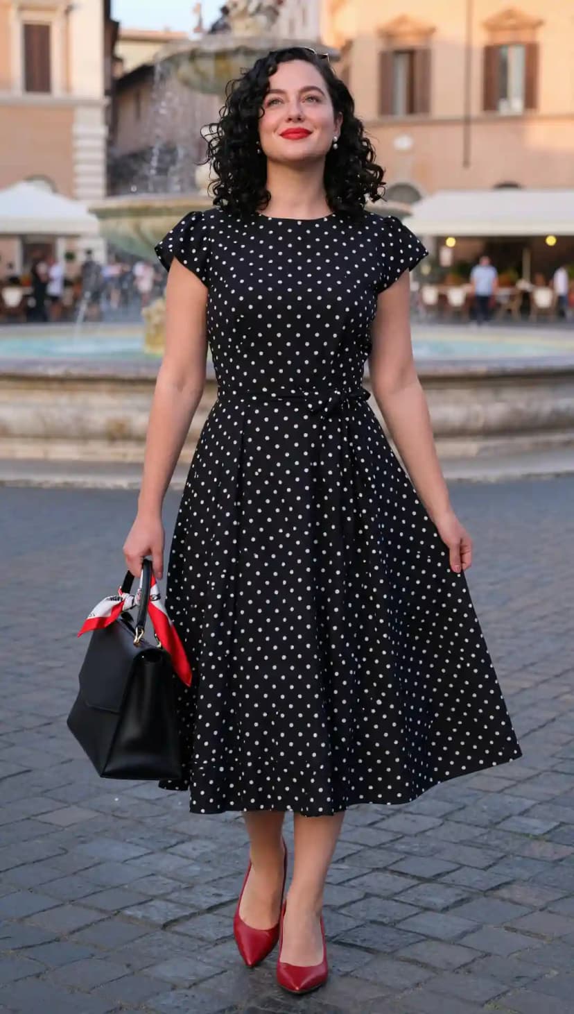 Black Polka Dot Midi Dress + Red Heels + Black Structured Bag