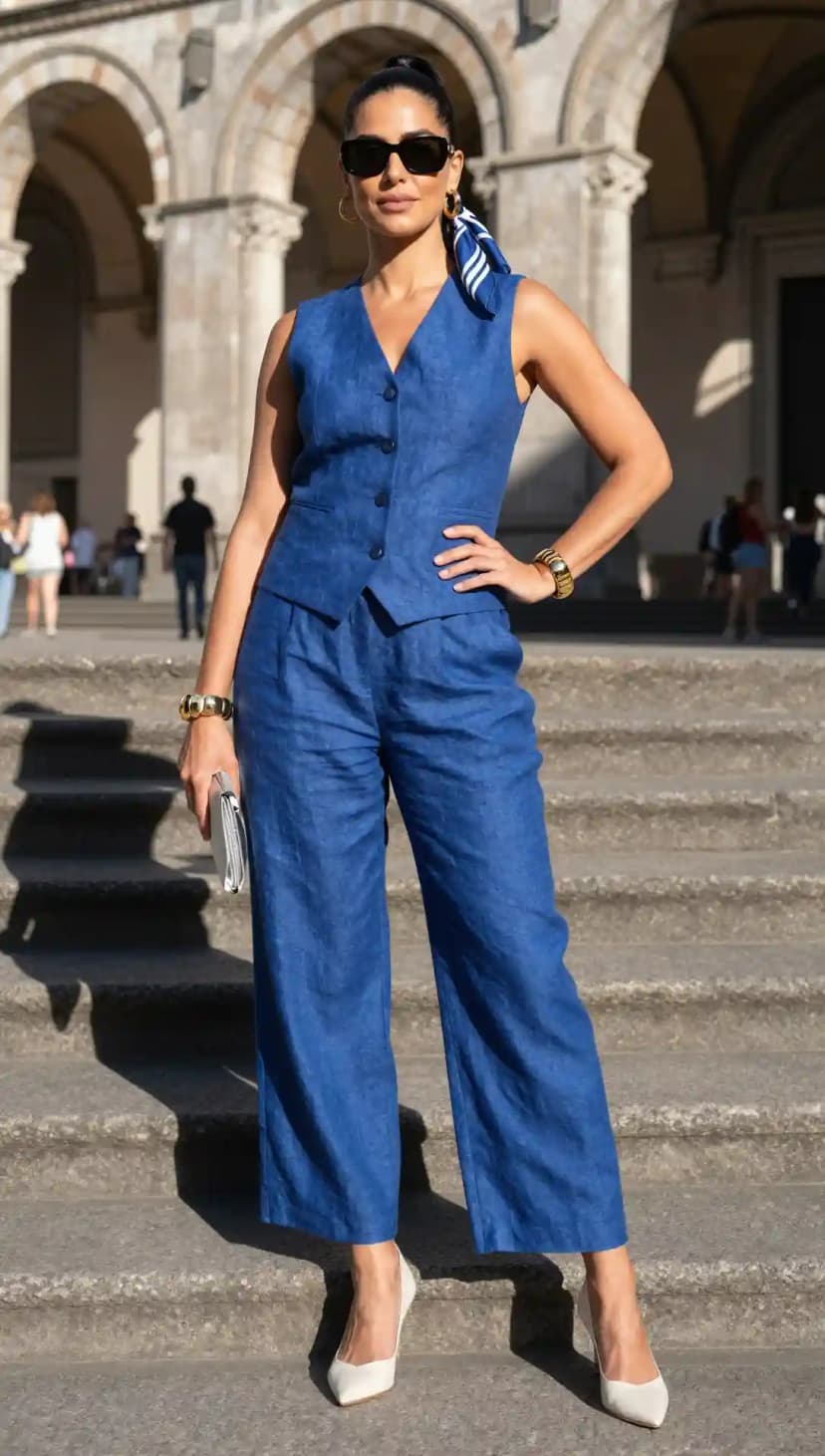 Blue Linen Vest + Blue Linen Trousers + White Heels
