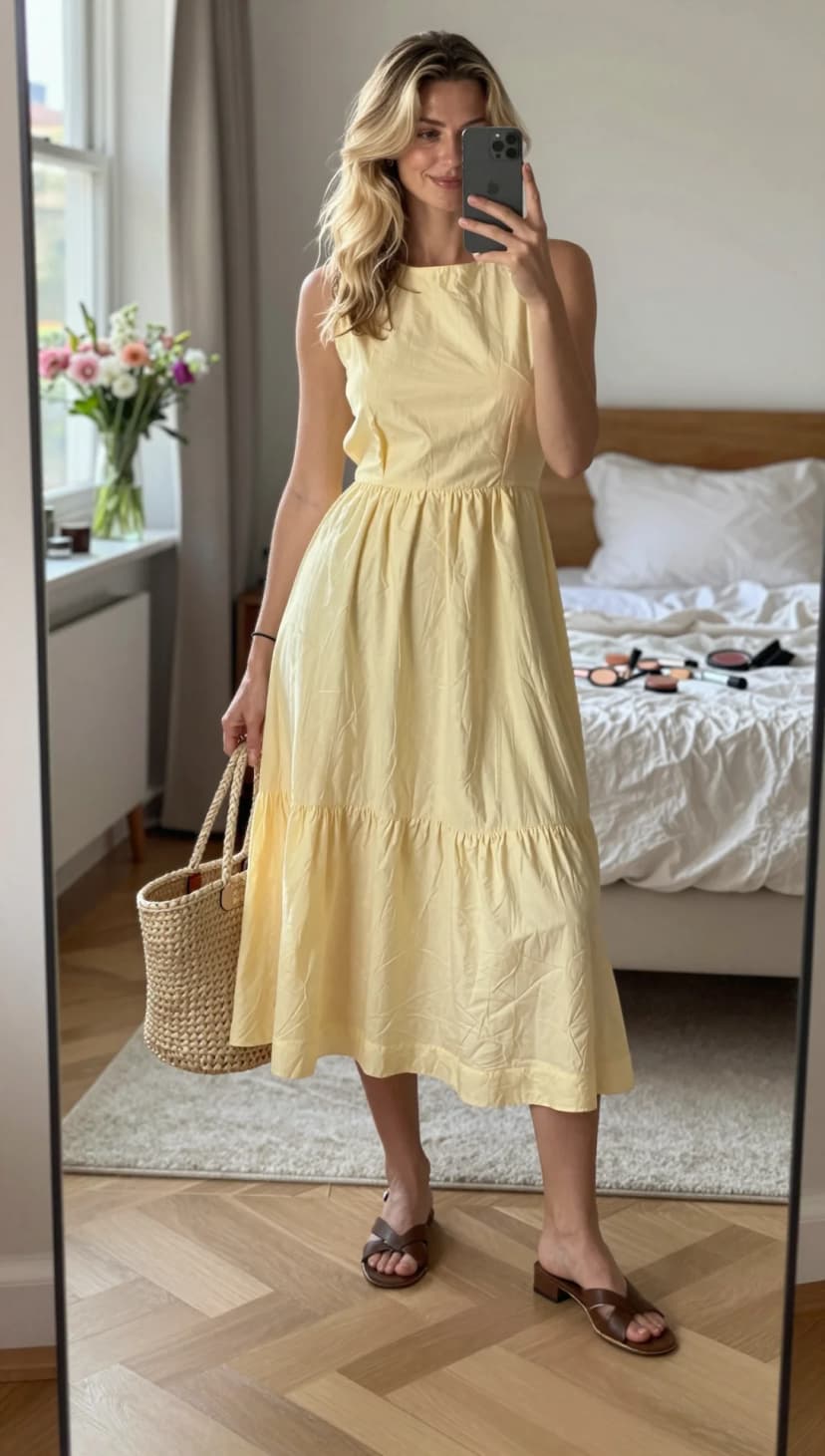 Pale Yellow Cotton Midi Dress + Brown Leather Slides + Woven Tote Bag