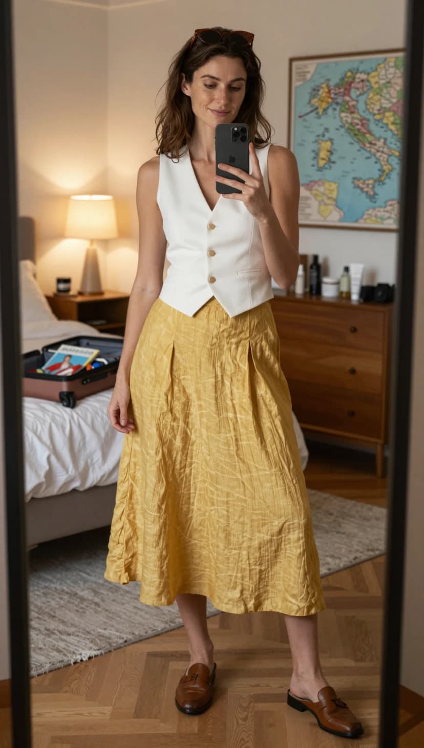 White Linen Vest + Yellow Textured Midi Skirt + Brown Leather Loafers