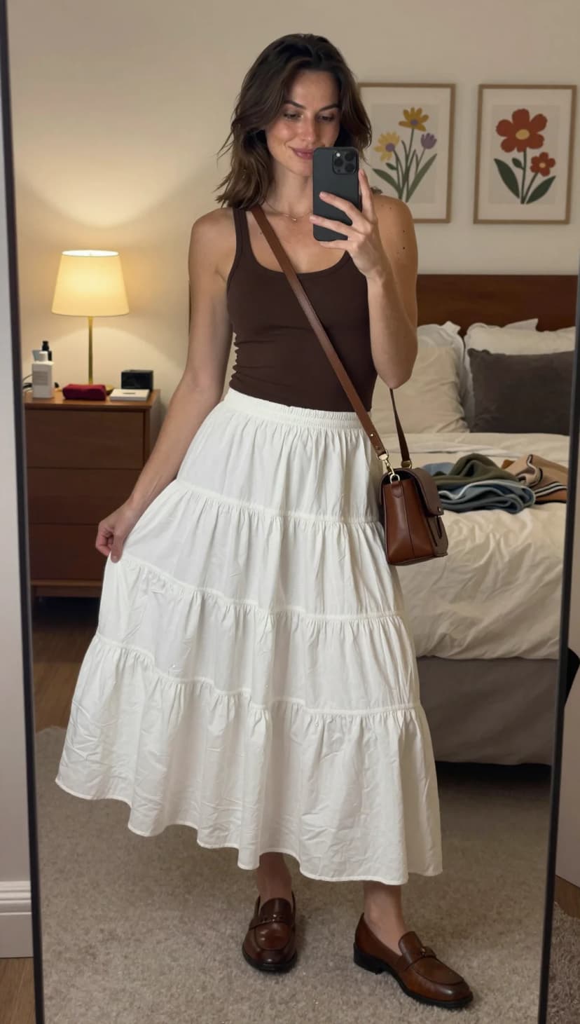 Brown Ribbed Tank + White Tiered Cotton Maxi Skirt + Brown Leather Loafers
