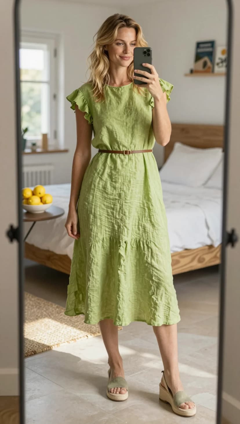 Lime Linen Tiered Midi Dress + Brown Skinny Belt + Sage Green Espadrille Wedges