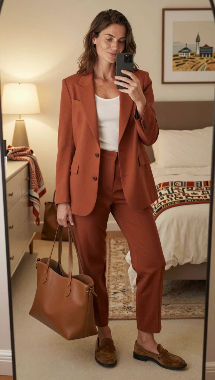 Terracotta Linen Suit + White Ribbed Tank + Brown Suede Loafers + Tan Leather Tote