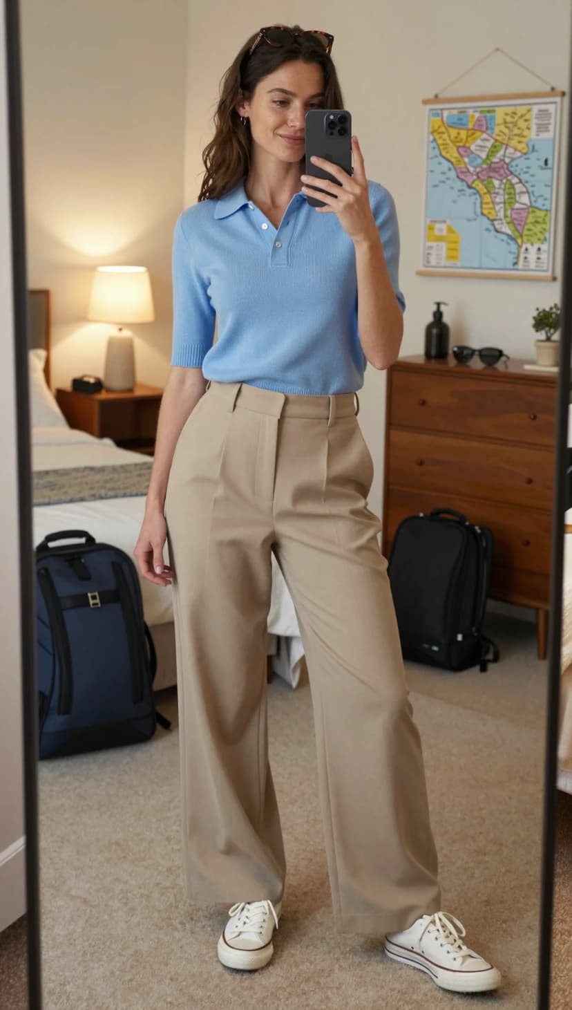Light Blue Knit Polo + Beige Wide-Leg Trousers + White Canvas Sneakers