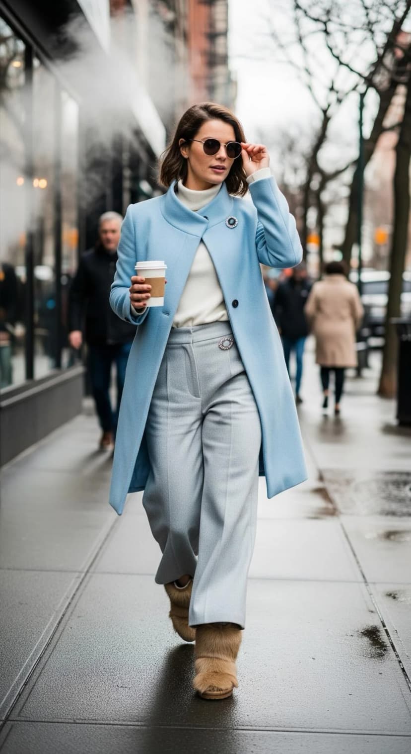 Baby Blue Wool Coat + Cream Turtleneck + Grey Wool Trousers + Tan Fur Boots