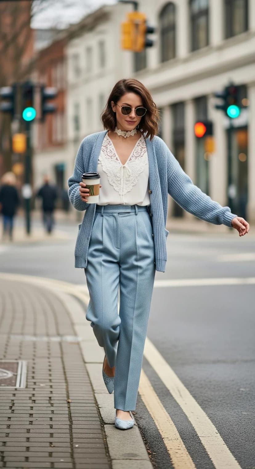 White Lace Trim Blouse + Light Blue Wool Trousers + Light Blue Knit Cardigan + Blue Embroidered Flats