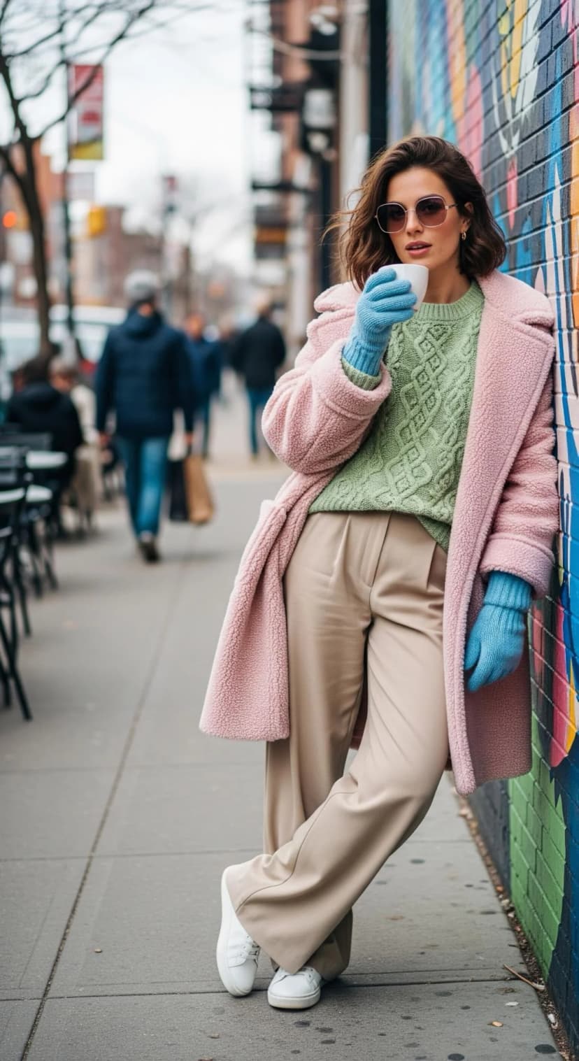 Light Green Cable Knit Sweater + Beige Wide-Leg Trousers + Pink Teddy Coat