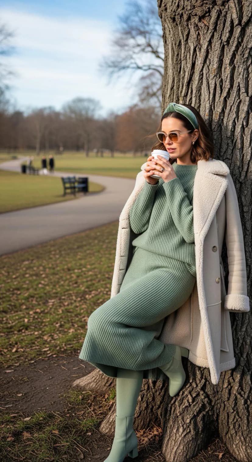 Olive Knit Set + Cream Shearling Coat + Olive Boots