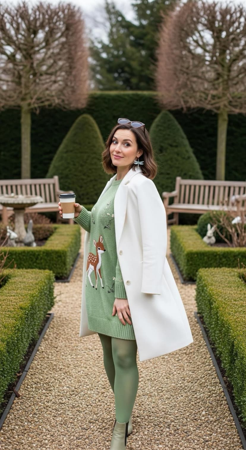 Light Green Knit Dress + White Wool Coat + Green Tights + Green Ankle Boots