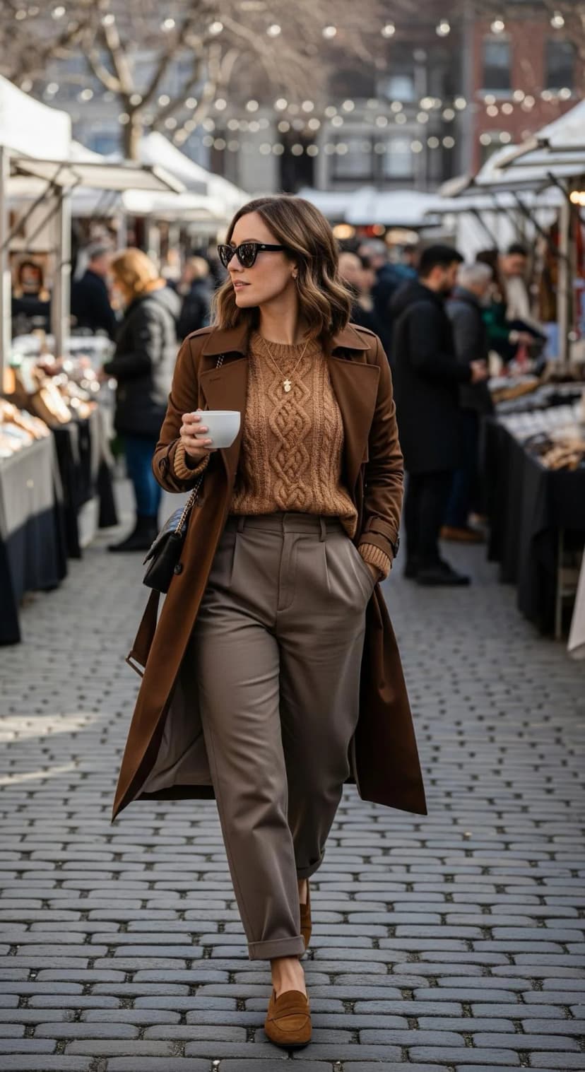 Chocolate Trench Coat + Tan Cable Knit Sweater + Taupe Trousers + Cognac Loafers