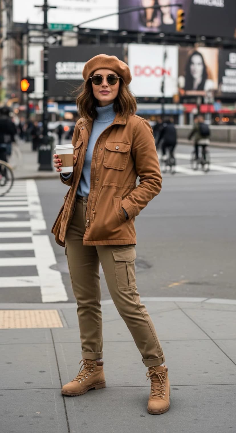 Brown Canvas Jacket + Blue Knit Turtleneck + Olive Cargo Pants + Tan Suede Boots