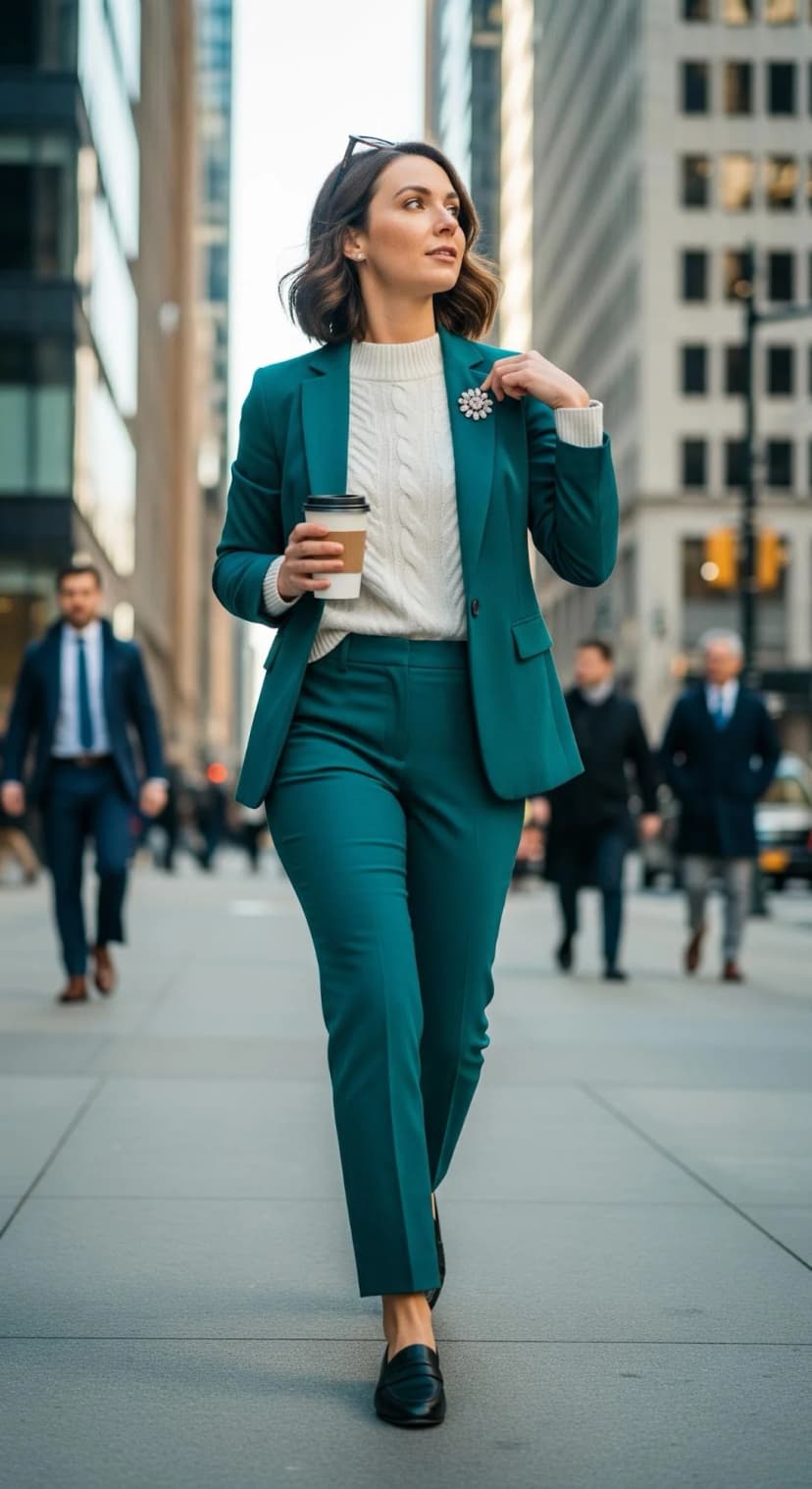 Teal Wool Suit + Cream Cable Knit Sweater + Black Leather Loafers