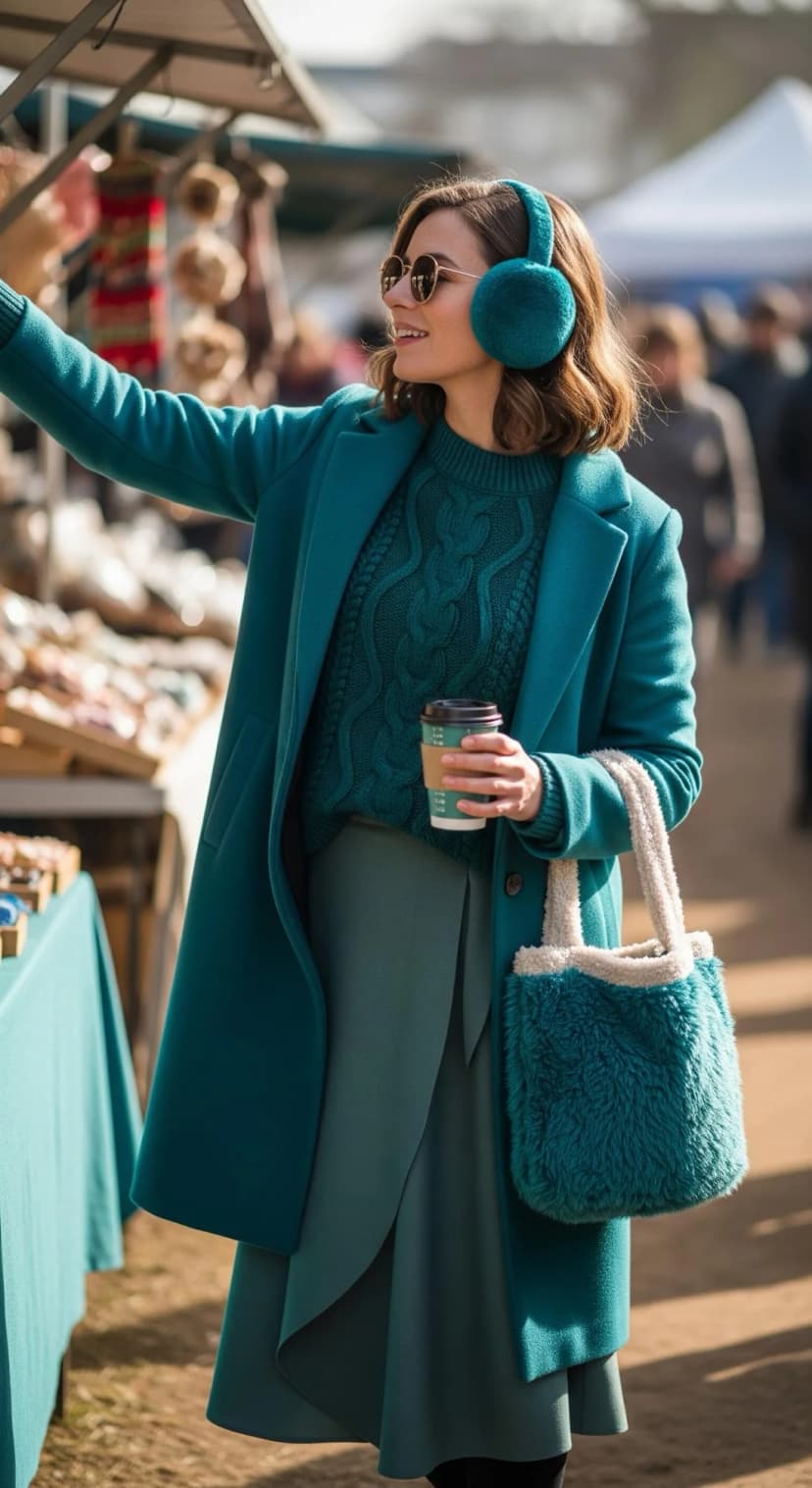 Teal Wool Coat + Teal Cable Knit Sweater + Olive Midi Skirt