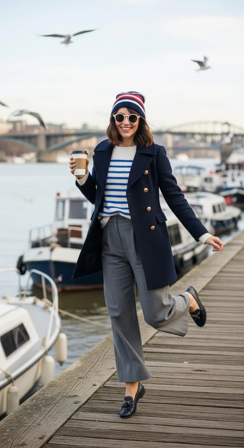 Navy Wool Pea Coat + Blue Striped Knit Sweater + Grey Wool Trousers