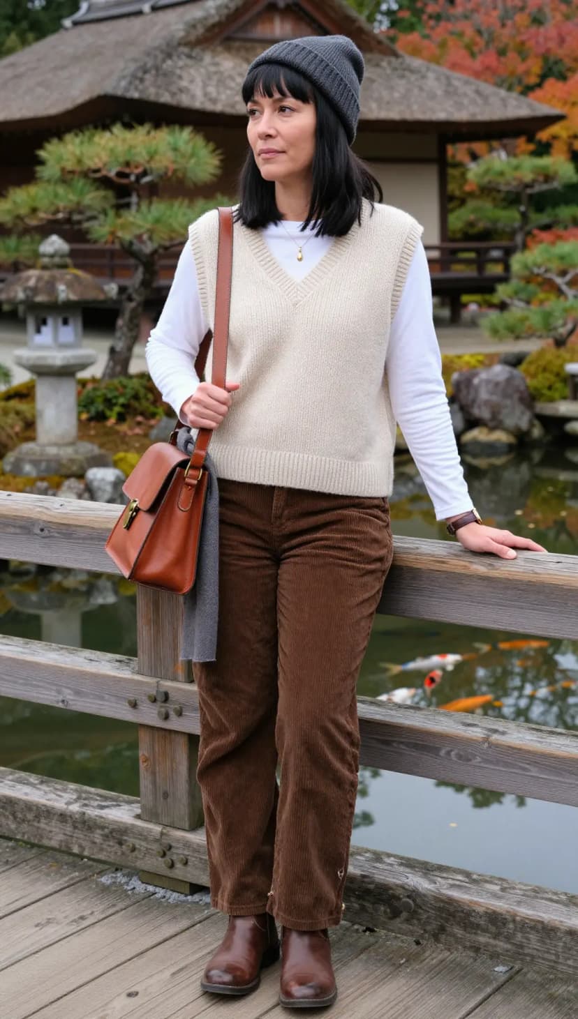 White Long Sleeve Top + Cream Knit Vest + Brown Corduroy Pants + Brown Leather Ankle Boots