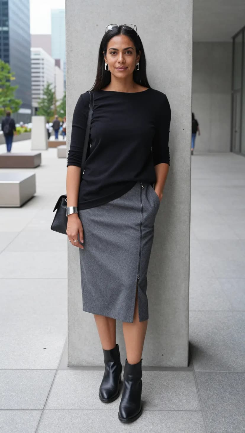 Black Long Sleeve Top + Grey Wool Pencil Skirt + Black Leather Ankle Boots