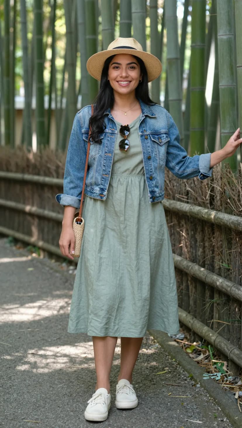 Blue Denim Jacket + Sage Cotton Midi Dress + White Canvas Sneakers