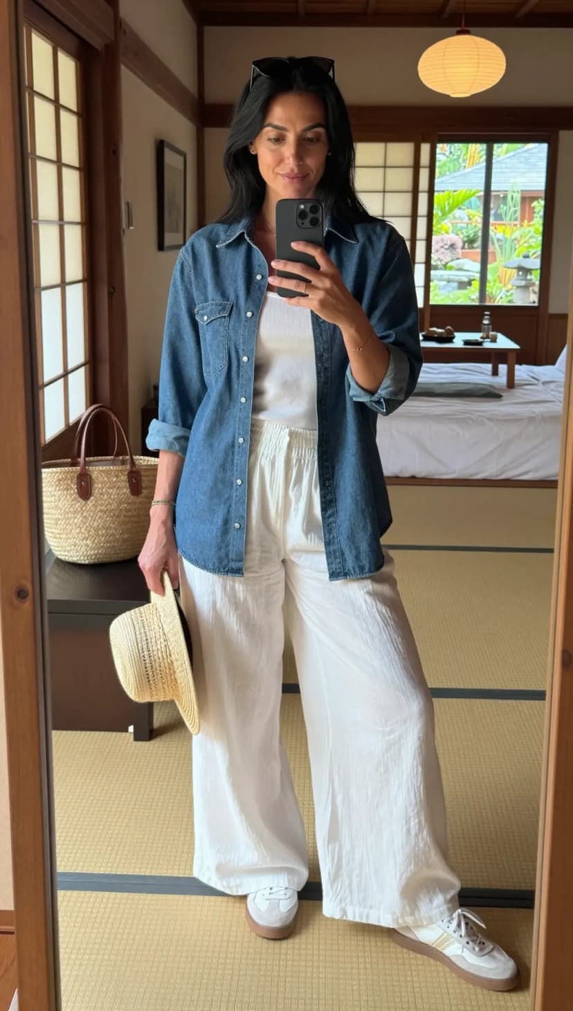 Blue Denim Shirt + White Tank Top + White Linen Wide-Leg Pants