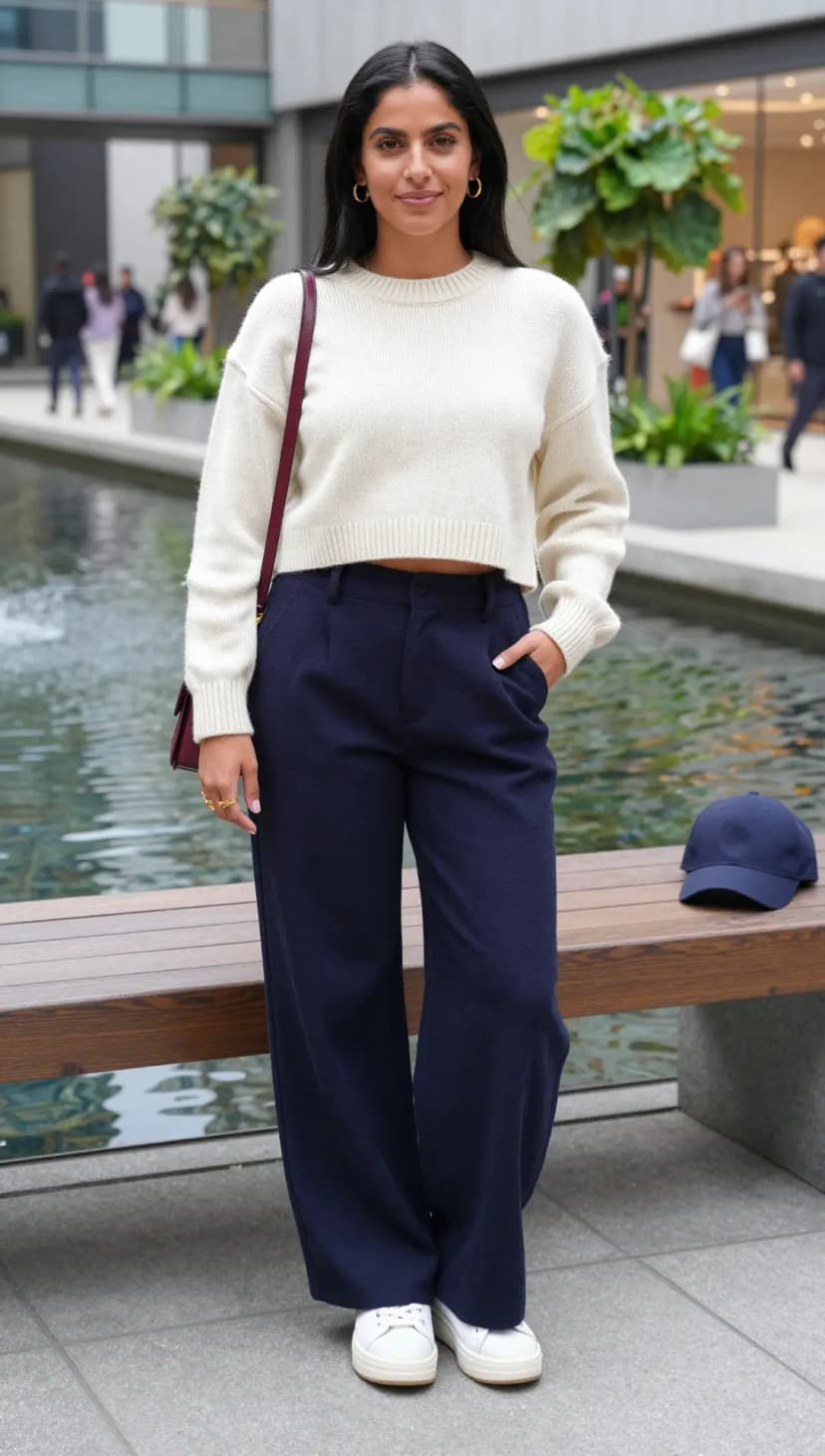 Cream Knit Sweater + Navy Wool Trousers + White Sneakers