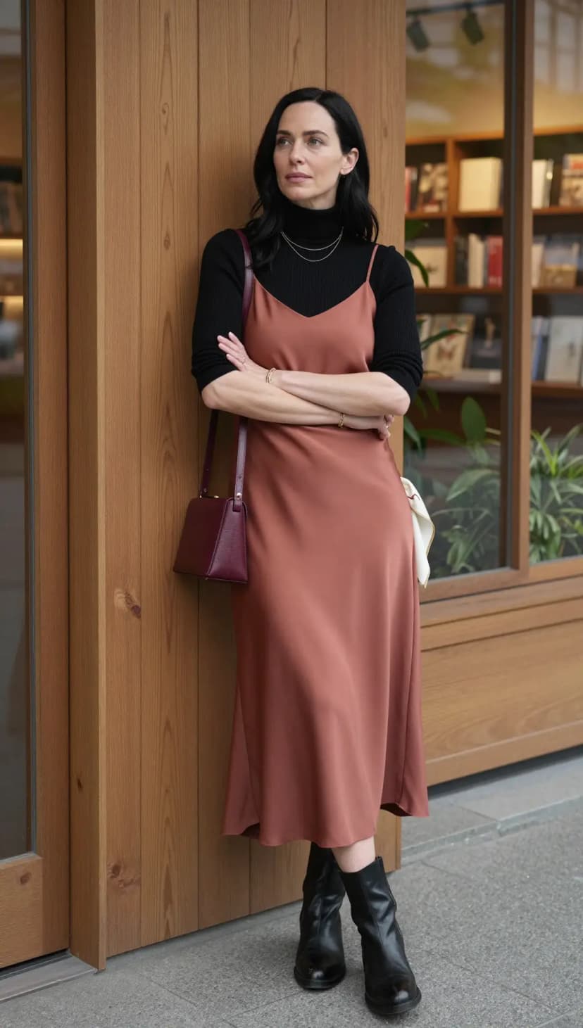 Black Ribbed Turtleneck Top + Terracotta Satin Slip Dress + Black Leather Ankle Boots