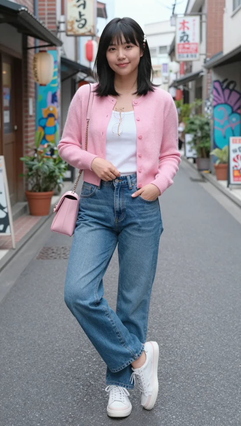 Pink Knit Cardigan + White Cotton Tank Top + Blue Denim Jeans