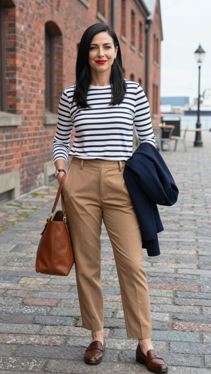 White And Navy Striped Long Sleeve T-Shirt + Camel Wool Trousers + Navy Wool Blazer