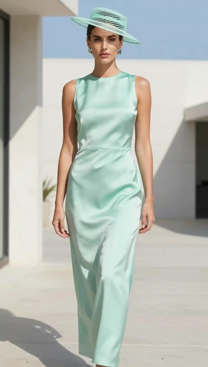 A sleek mint green satin column dress paired with a natural straw hat lacking embellishments