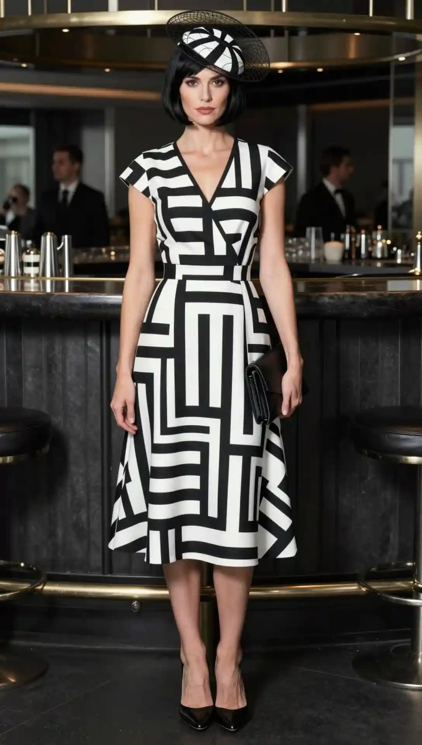 A striking black and white geometric print midi dress paired with a zebra-striped fascinator hat