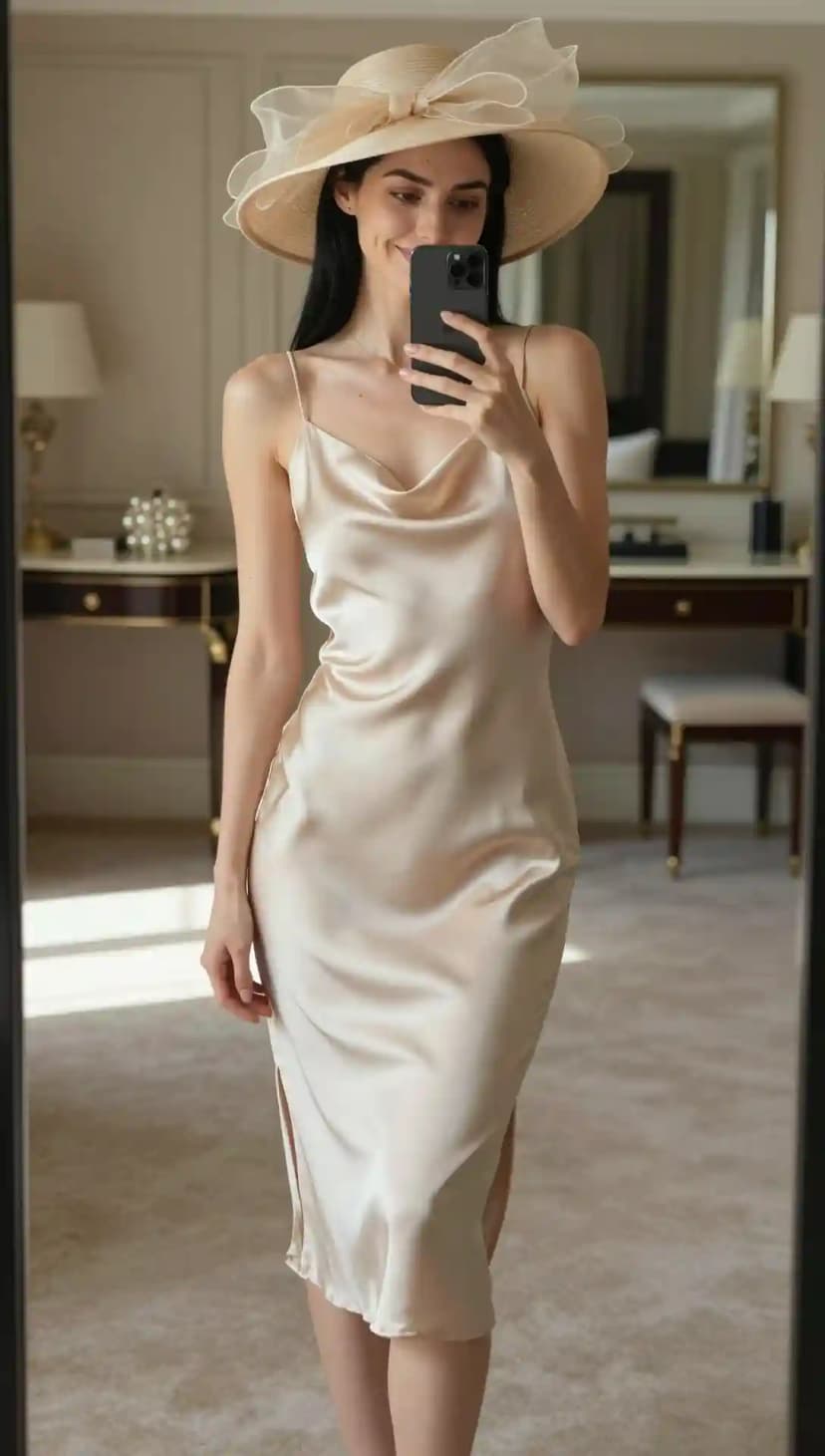 A luxurious champagne-colored satin slip dress paired with a wide hat decorated with a massive matching organza bow