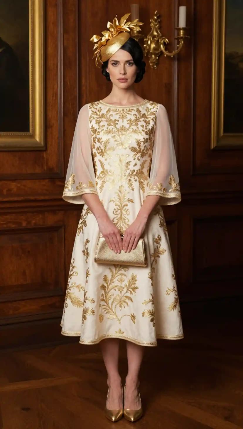 A luxurious cream silk dress featuring delicate floral embroidery, worn with a metallic gold leaf fascinator