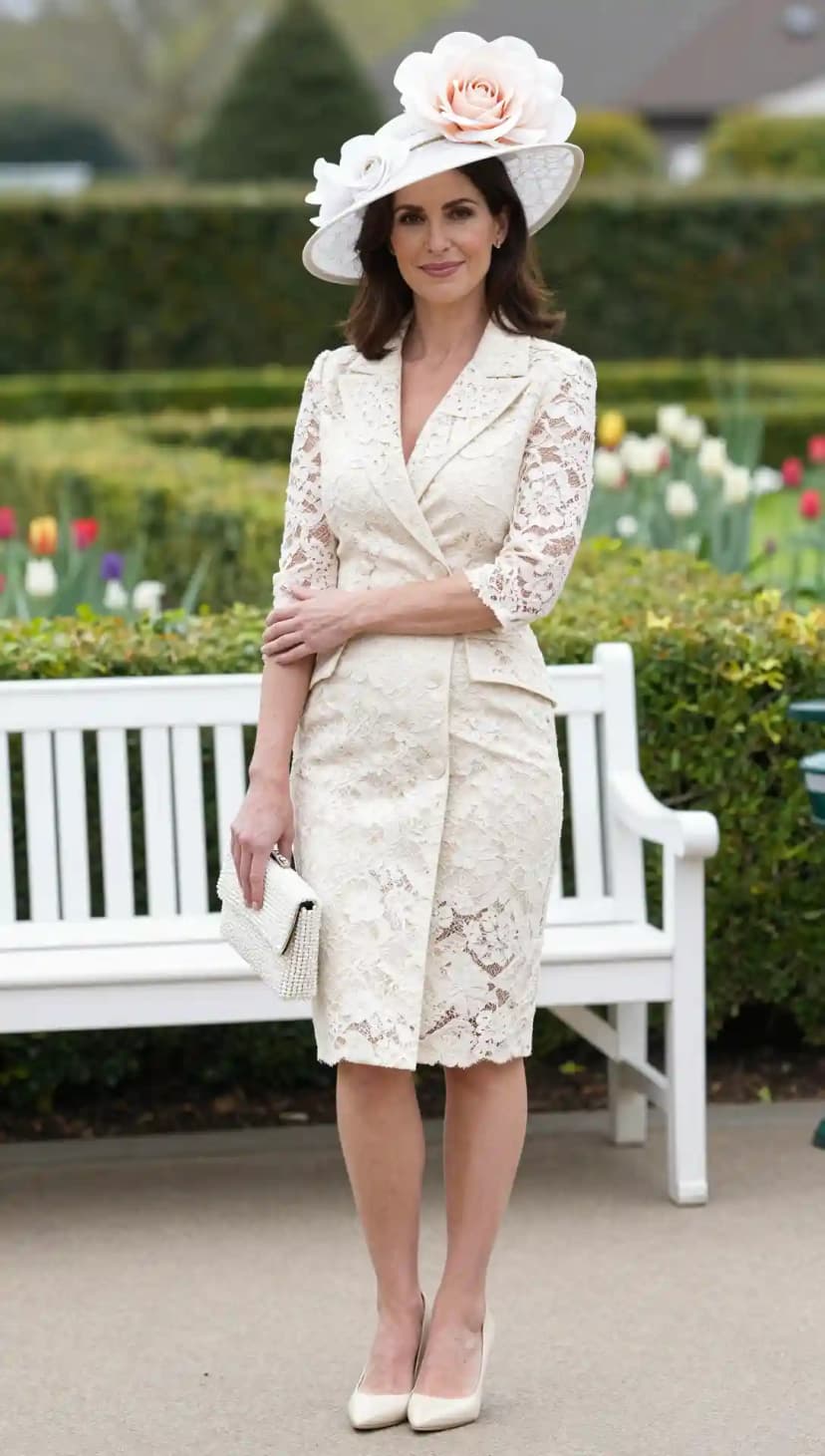 Cream lace double-breasted blazer dress paired with a huge white hat featuring a massive pink rose
