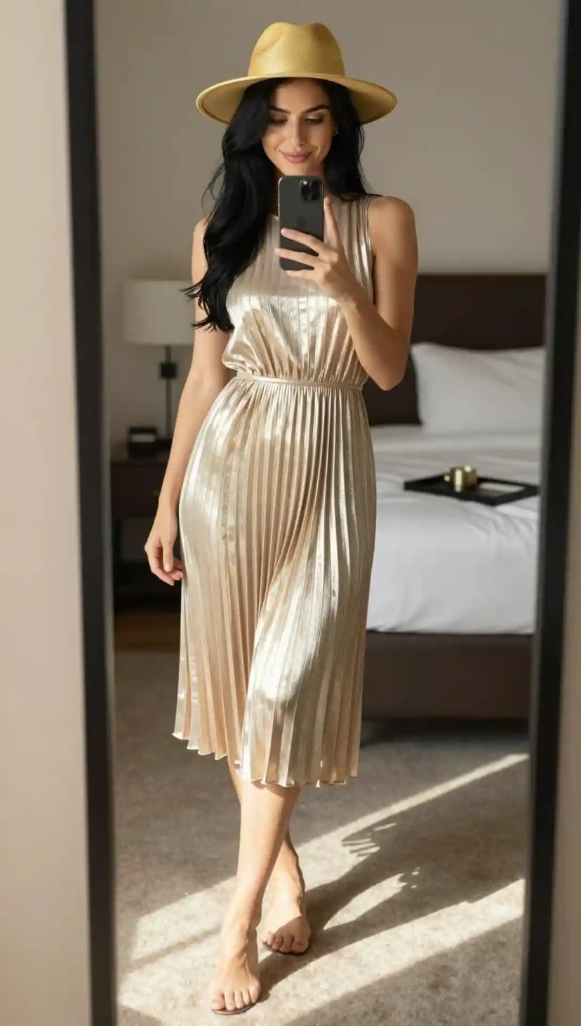 A woman in a mirror selfie wearing a sleeveless pleated gold midi dress and a natural straw fedora