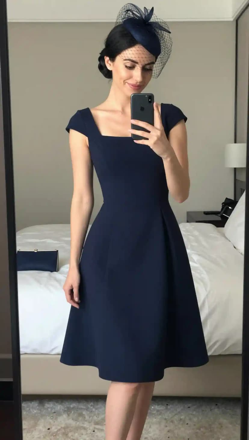 A chic woman in a mirror selfie wearing a structured navy blue A-line dress and a navy fascinator with a birdcage veil