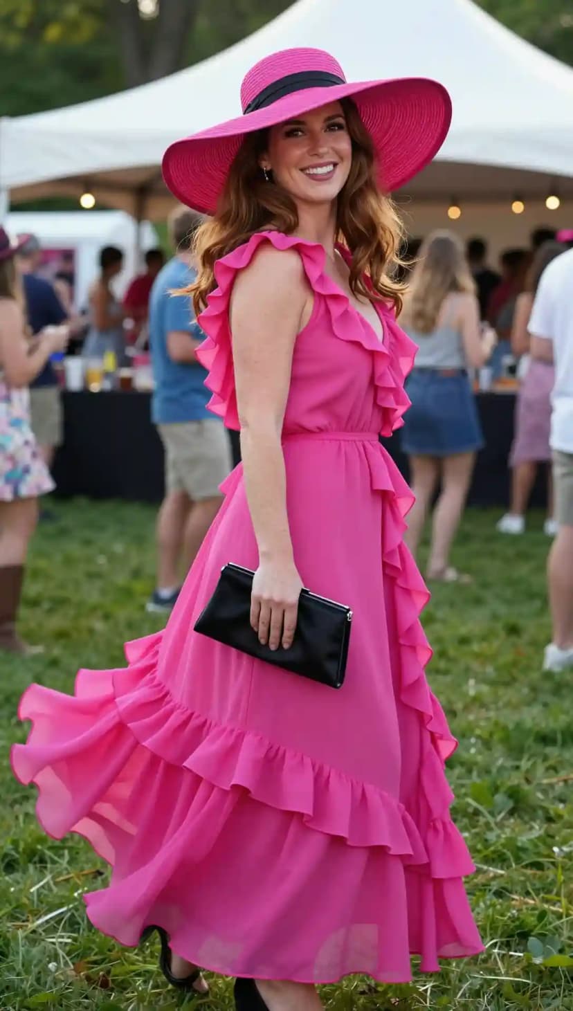 A bright pink tiered ruffle maxi dress worn with a massive two-tone pink and black hat