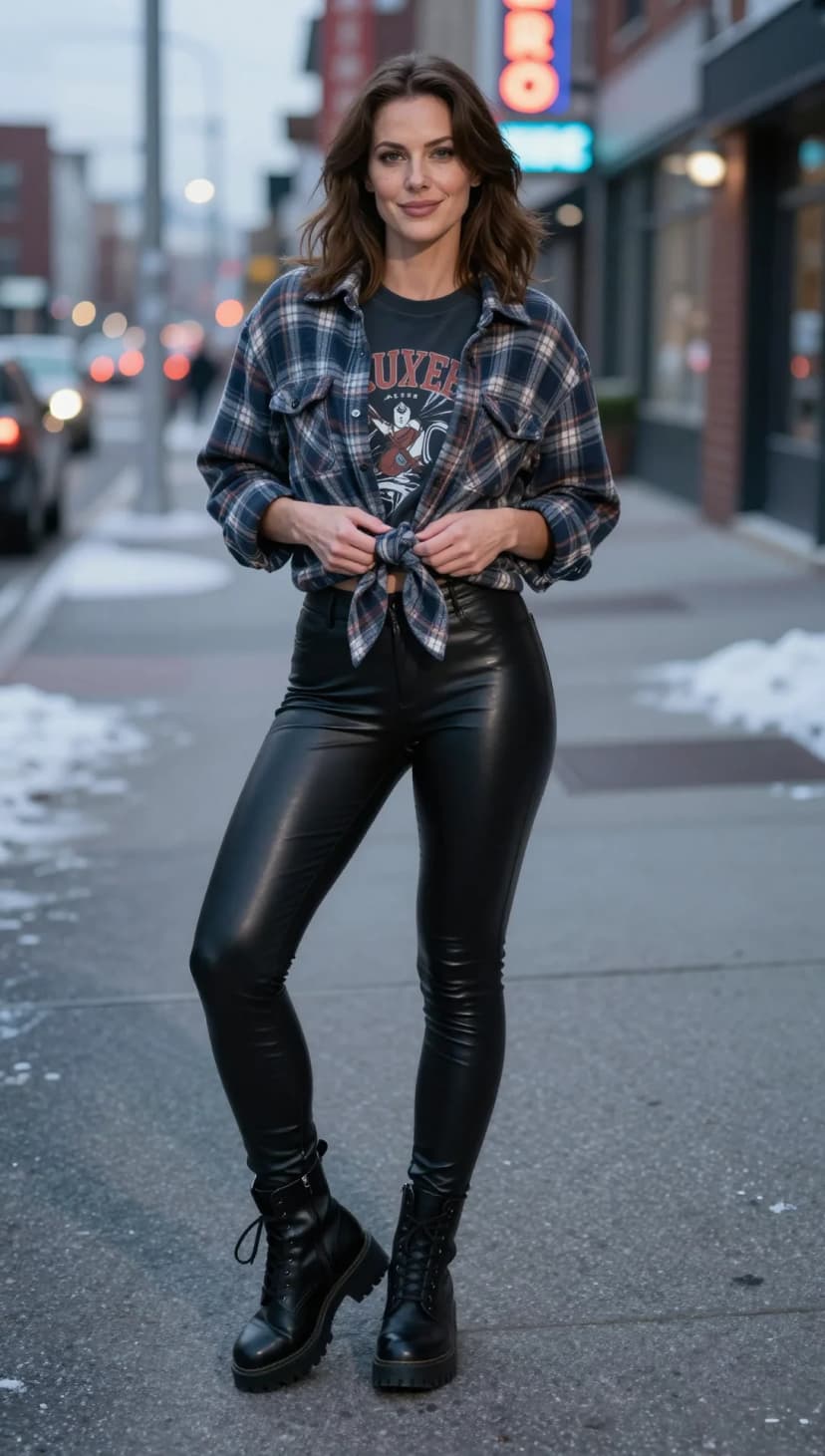 Grey Plaid Flannel Shirt + Black Faux Leather Leggings + Black Combat Boots