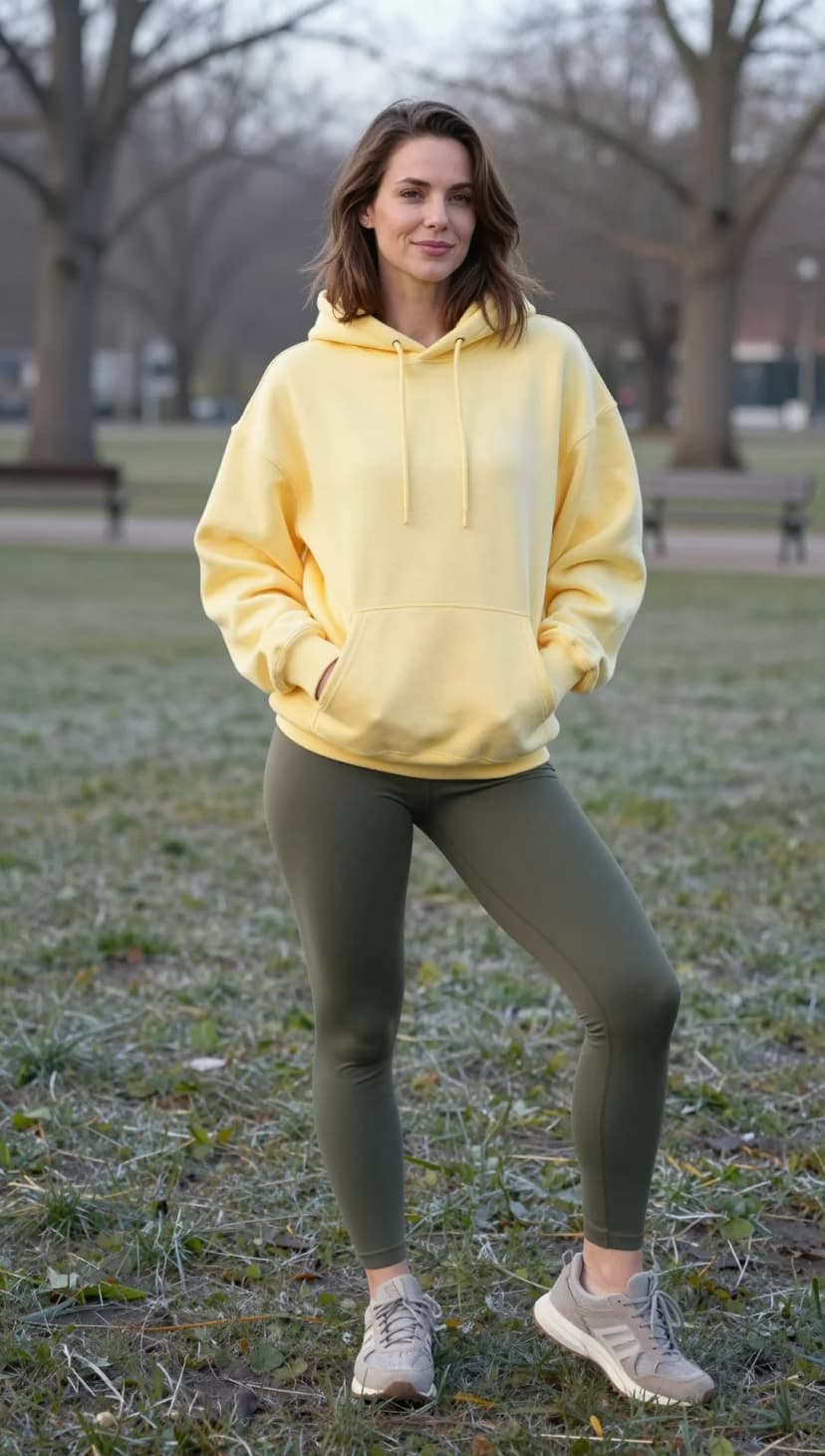 Yellow Fleece Hoodie + Olive Green Spandex Leggings + Grey Suede Sneakers