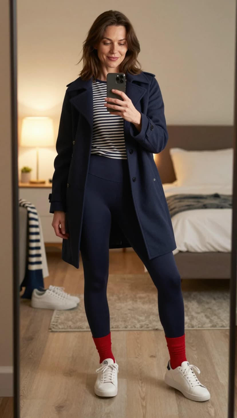 Navy Wool Blend Peacoat + Striped Cotton Long Sleeve Top + Navy Activewear Leggings