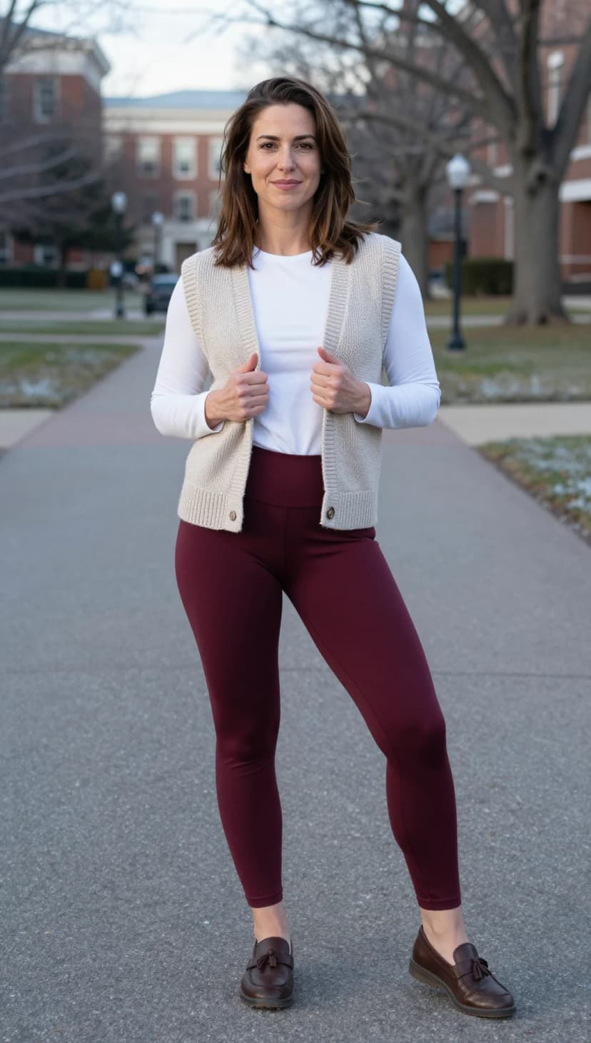 White Long Sleeve Top + Beige Knit Vest + Burgundy Leggings + Brown Leather Loafers