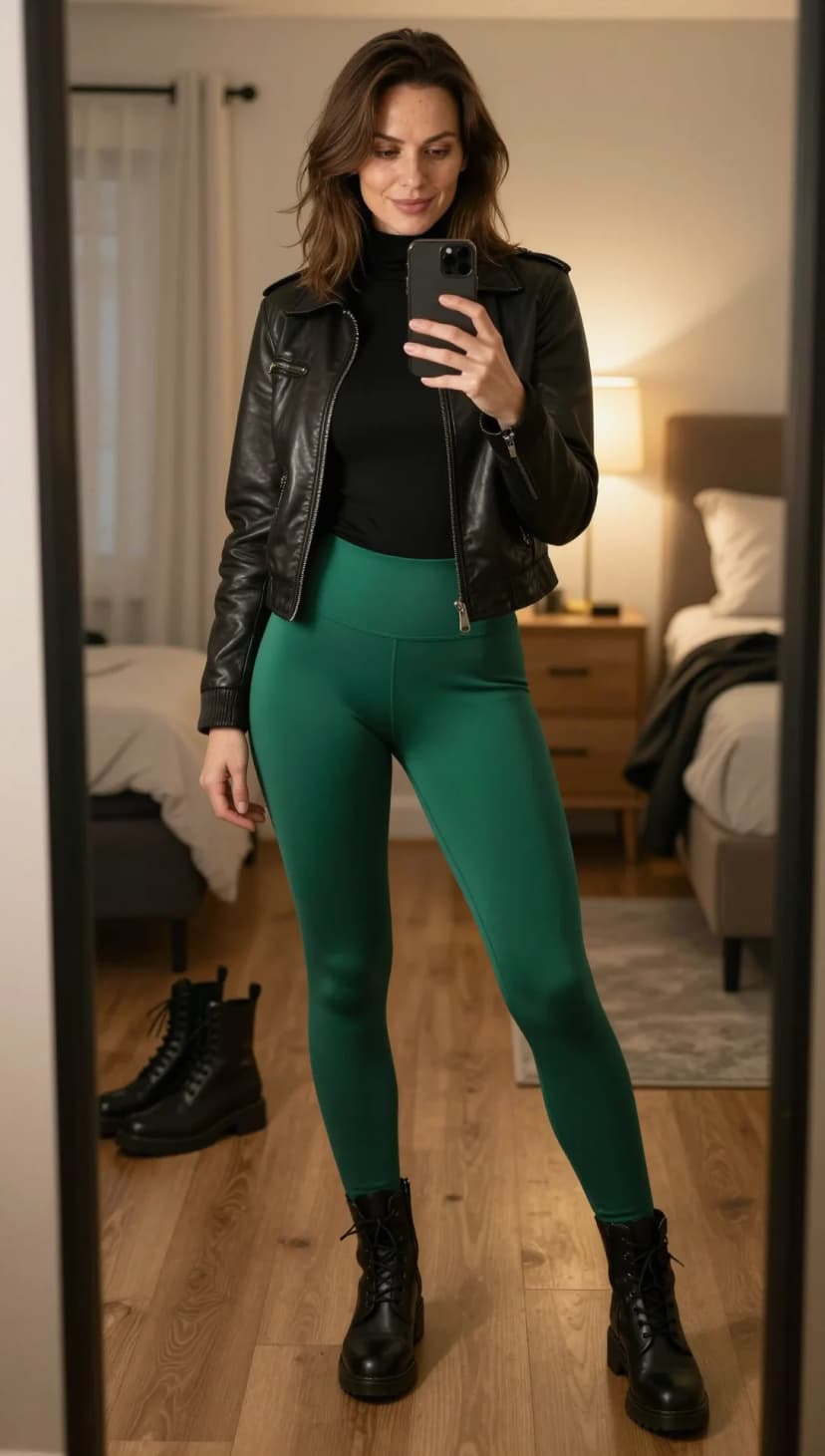 Black Turtleneck Top + Emerald Green High-Waisted Leggings + Black Leather Moto Jacket + Black Combat Boots