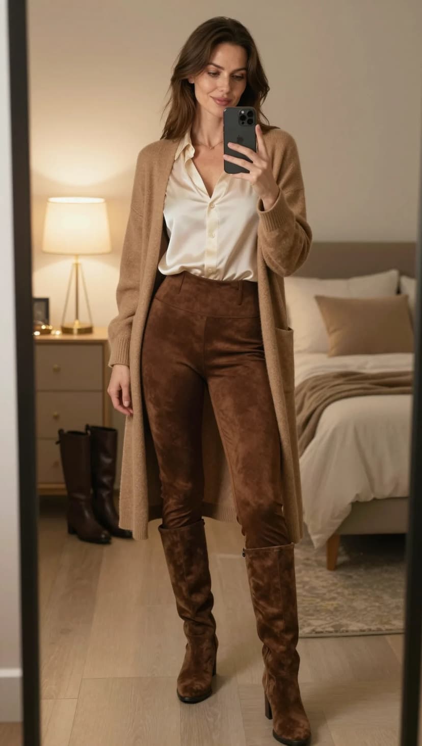 Cream Silk Button-Up Shirt + Brown Suede Leggings + Camel Knit Cardigan + Brown Suede Boots
