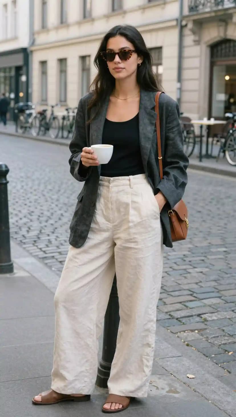 Cream Linen Trousers + Black Ribbed Tank Top + Charcoal Linen Blazer