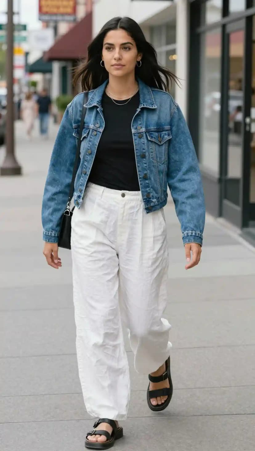 Black Cotton T-shirt + White Linen Pants + Blue Denim Jacket