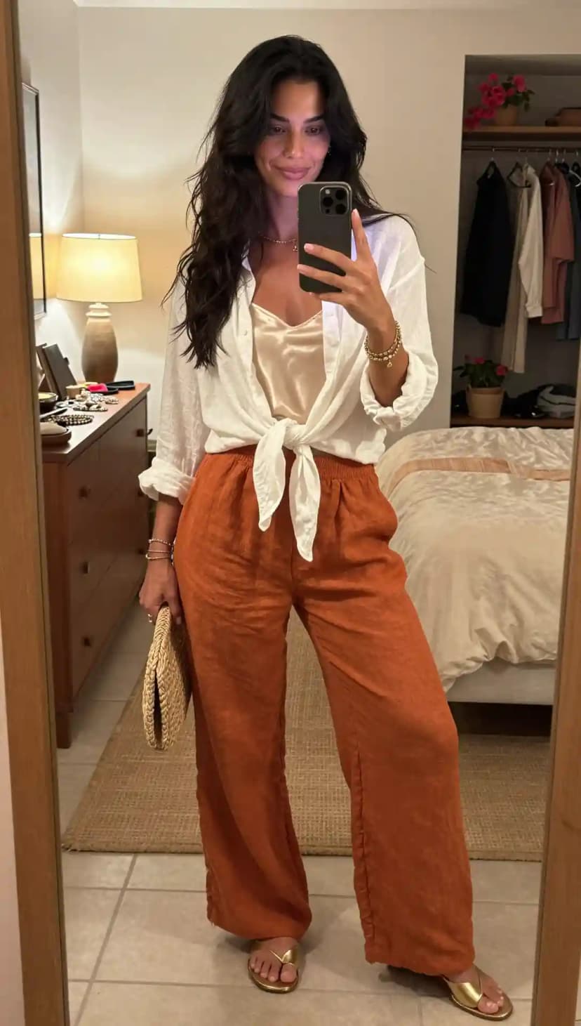 White Linen Shirt + Champagne Satin Camisole + Rust Linen Wide-Leg Pants