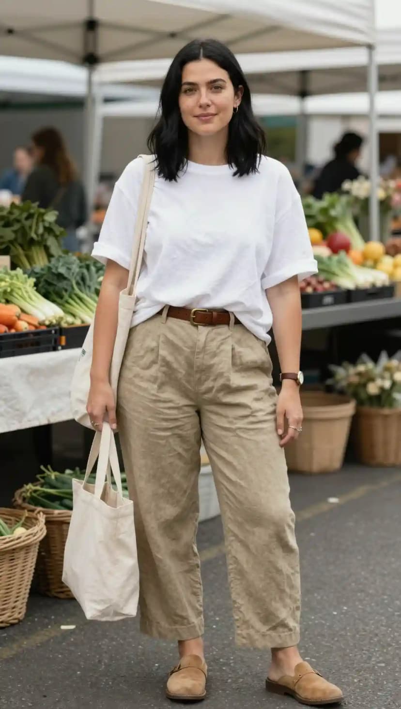 White Cotton T-shirt + Khaki Linen Trousers + Brown Leather Belt