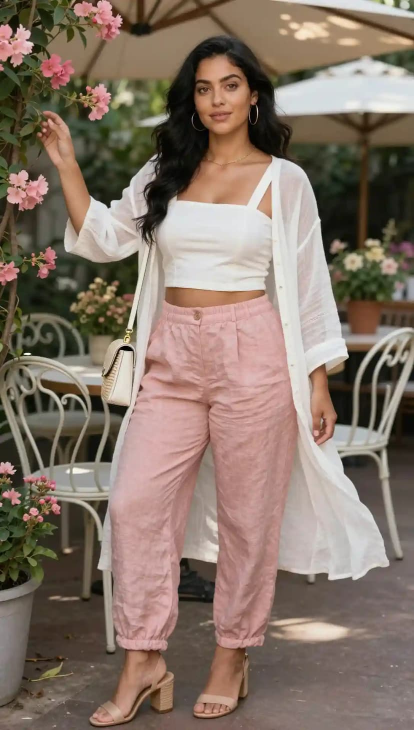 White Linen Crop Top + Pink Linen Pants + White Linen Kimono