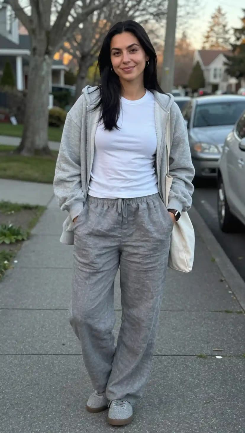 White Cotton T-shirt + Grey Linen Pants + Grey Zip-Up Hoodie