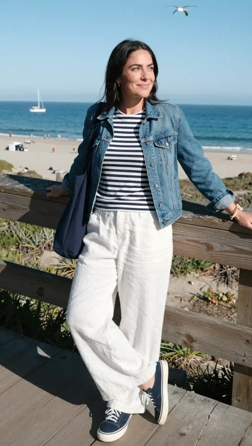 Navy Striped Cotton T-Shirt + White Linen Wide-Leg Pants + Blue Denim Jacket