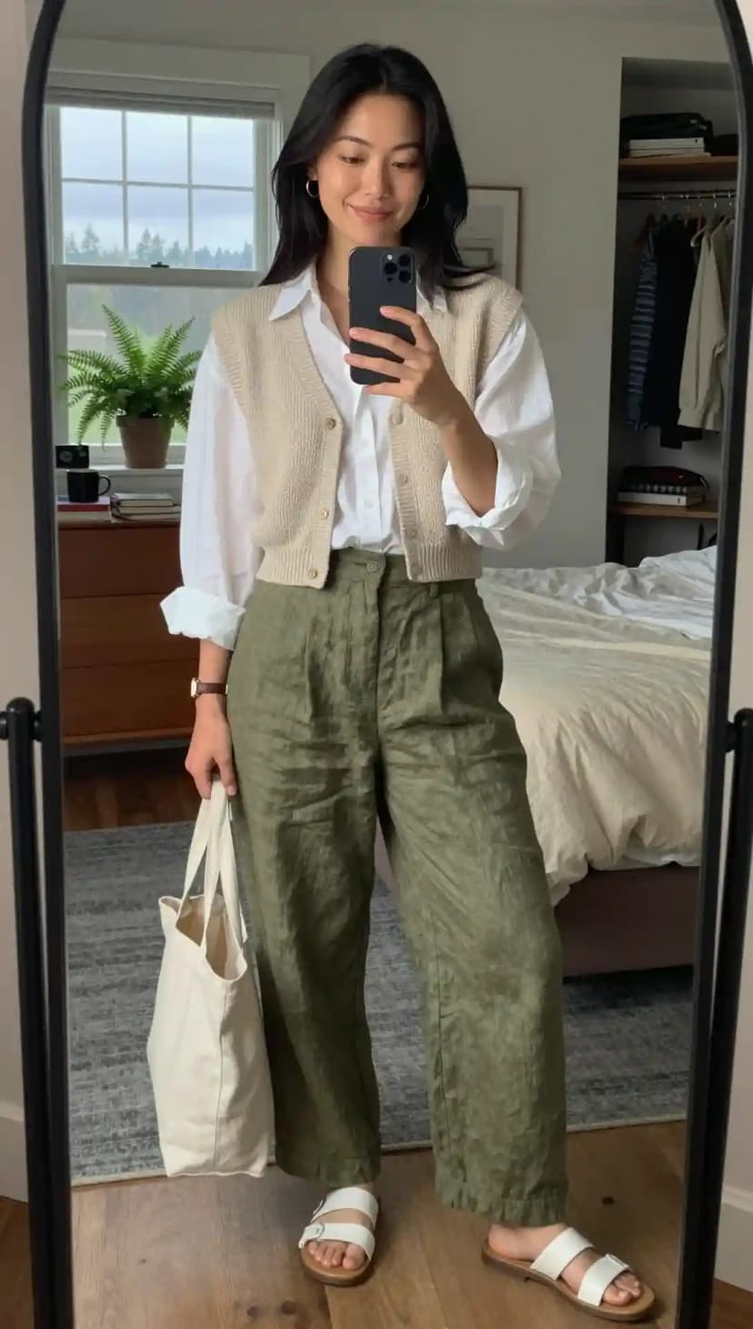 White Cotton Shirt + Beige Knit Vest + Olive Linen Pants